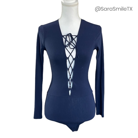 Reformation Tops - {REFORMATION} ‘Trouve’ Navy Lace-Up Plunge V-Neck Ribbed Long Sleeve Bodysuit